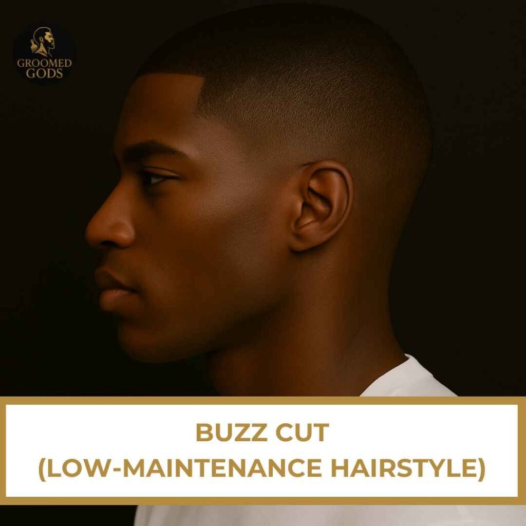 Side profile of a Black man with a clean buzz cut, a simple low-maintenance hairstyle.