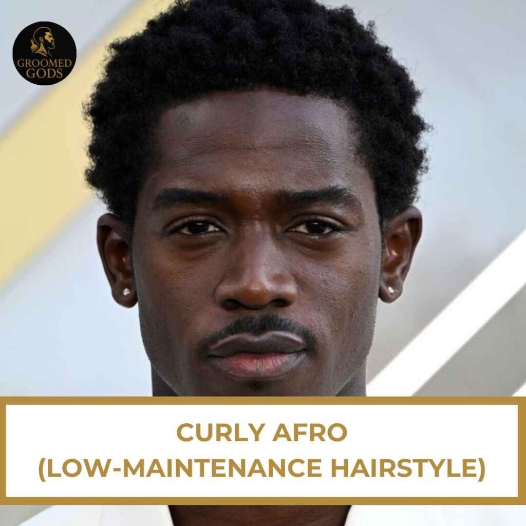 Front-facing portrait of a Black man with a natural curly afro, a simple low-maintenance hairstyle.