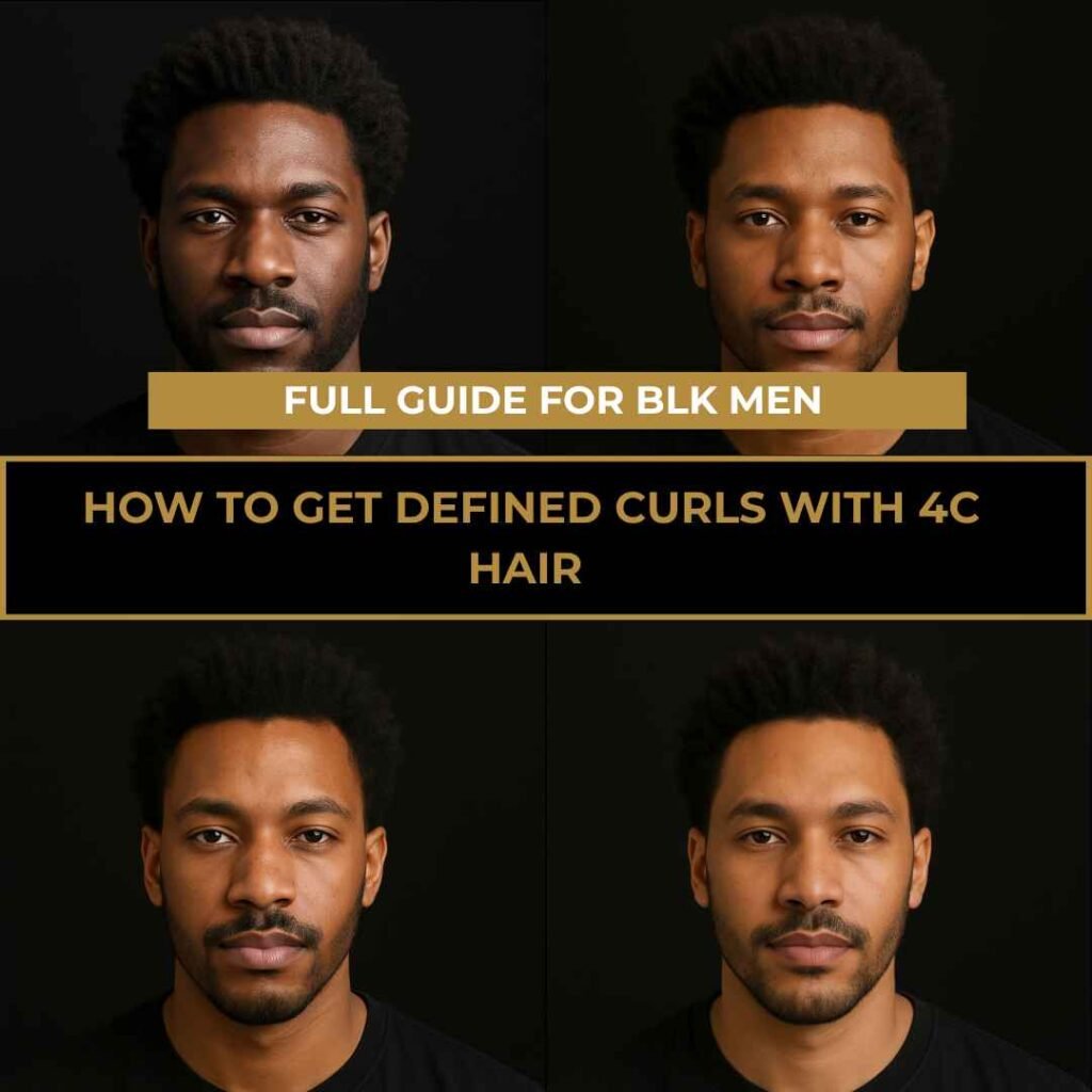 Black man with 4C hair showing before and after defined curls, featured in a full grooming guide.
