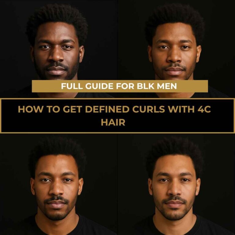 Black man with 4C hair showing before and after defined curls, featured in a full grooming guide.
