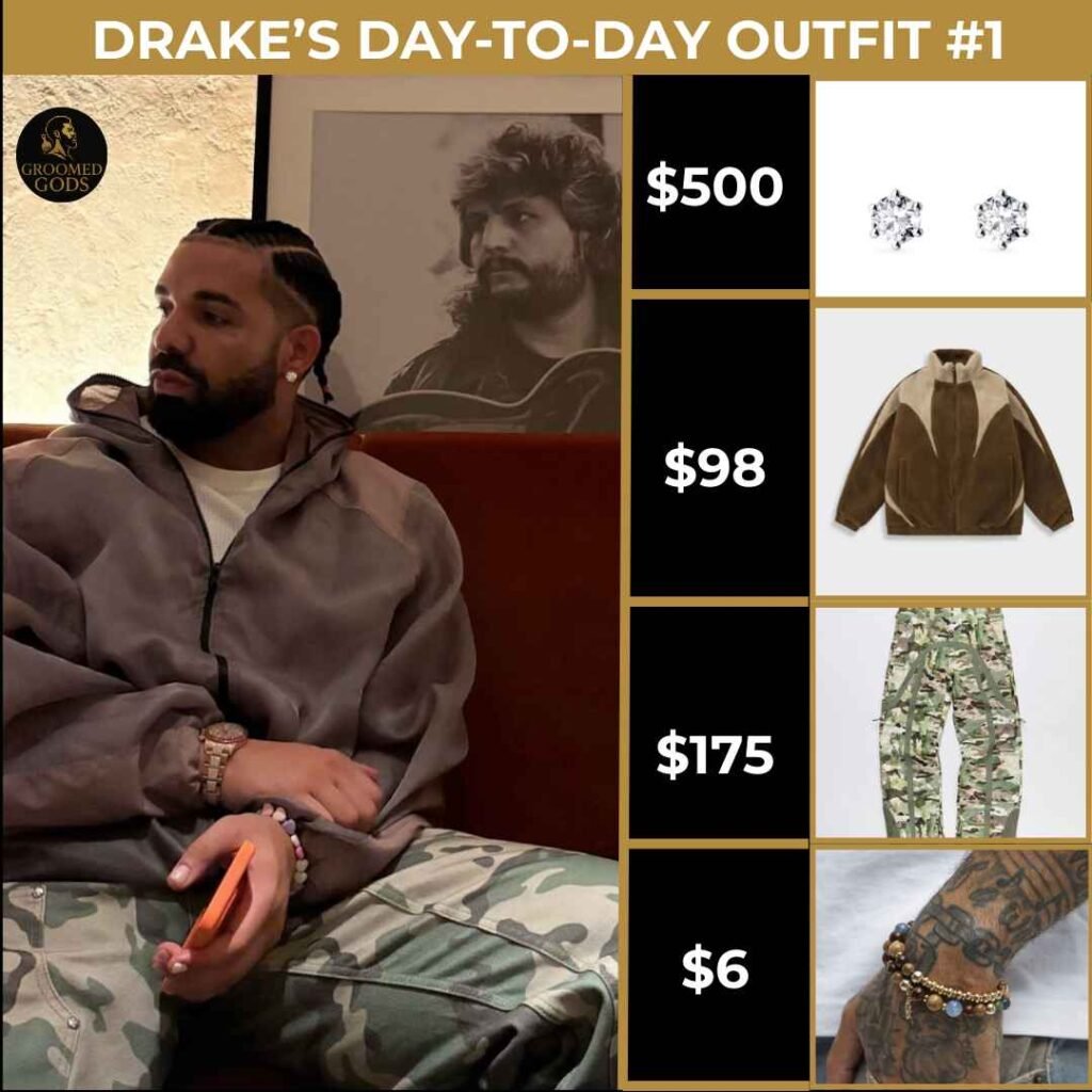 Drake’s Day-to-Day Outfit #1 Drake wearing a casual day-to-day outfit with diamond studs, a gray hoodie, camo pants, and stacked bracelets.