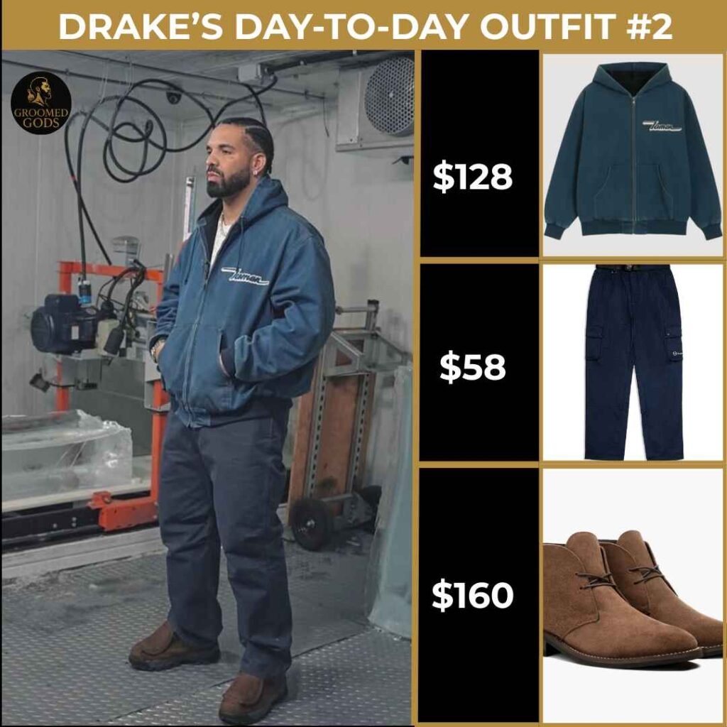 Drake’s Day-to-Day Outfit #2 Drake wearing a blue jacket with cargo pants and brown boots. Outfit breakdown includes a $128 jacket, $58 cargo pants, and $160 boots.
