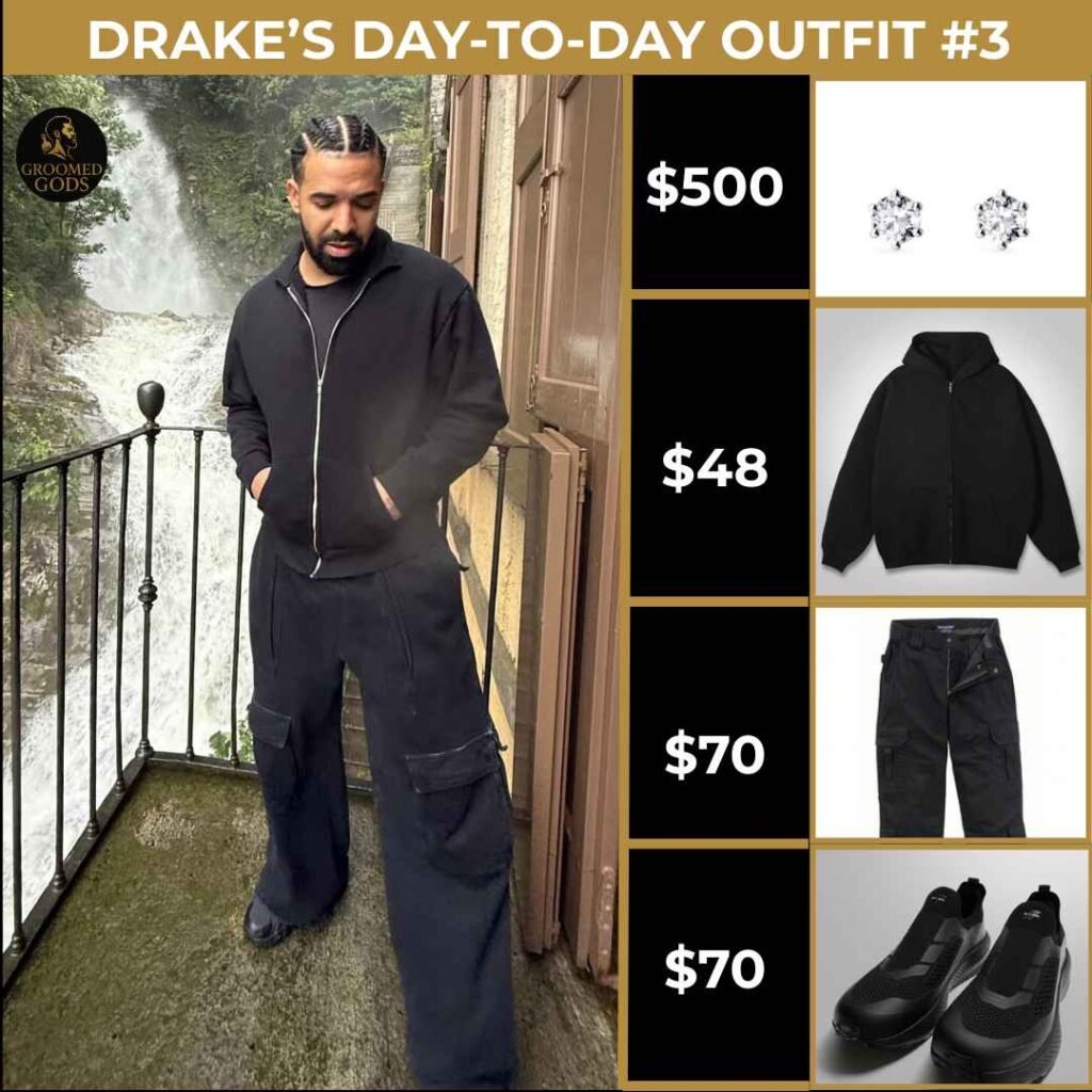 Drake’s Day-to-Day Outfit #3 Drake wearing a black zip-up hoodie, cargo pants, and black sneakers with diamond stud earrings.
