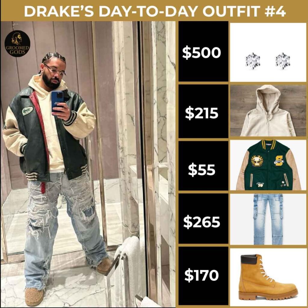 Drake Day-to-Day Outfit #4 Drake wearing a layered streetwear outfit with diamond stud earrings, a hoodie, varsity jacket, ripped jeans, and Timberland boots.