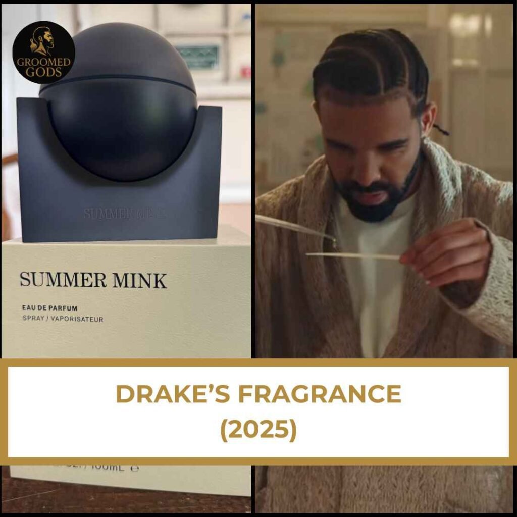 Drake’s Fragrance 2025 (Summer Mink) Image of Drake promoting his 2025 fragrance Summer Mink, featuring a black perfume bottle and Drake testing the scent on a strip.