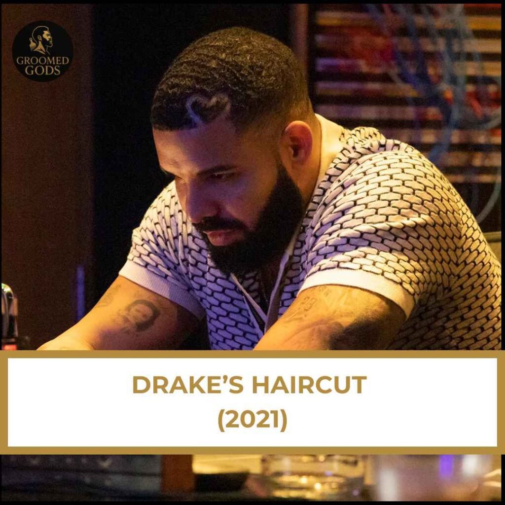 Drake’s Haircut (2021) Drake’s 2021 haircut with a high-fade buzz cut and a heart design on the hairline.