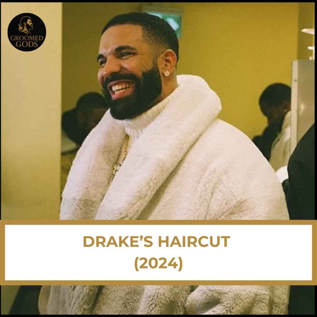 Drake Haircut 2024 – Low-Cut Mid Fade Drake’s 2024 haircut, a clean low-cut mid fade, shown with him smiling in a white fur coat at an event.