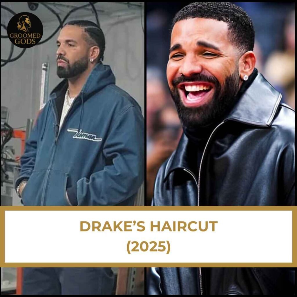 Drake Haircut 2025 – Cornrows and Mid-Taper with Curls Drake’s haircut in 2025 showing two different looks — on the left he has cornrows with a mid-taper fade, and on the right he’s rocking a mid-taper with light curls.