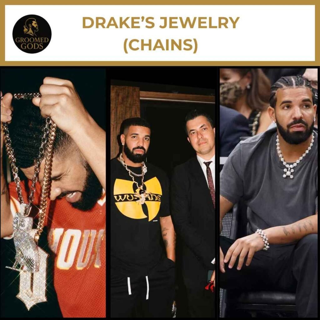 Drake’s Jewelry Chains Drake wearing diamond chains, including a custom pendant and iced-out link chain, shown in multiple outfits.