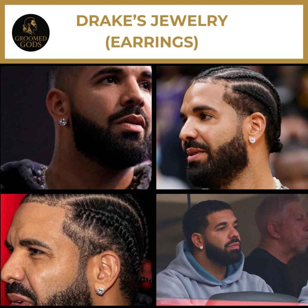 Drake Jewelry Earrings Drake wearing diamond stud earrings in different hairstyles and settings, showing his jewelry style.