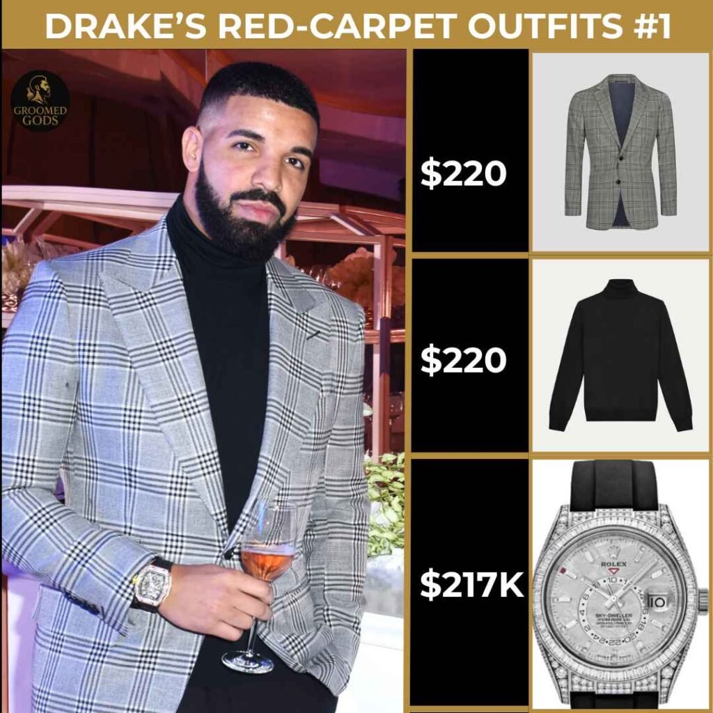 Drake Red Carpet Outfit 1 – Plaid Blazer and Rolex Drake red carpet outfit with gray plaid blazer, black turtleneck, and Rolex Sky-Dweller watch.