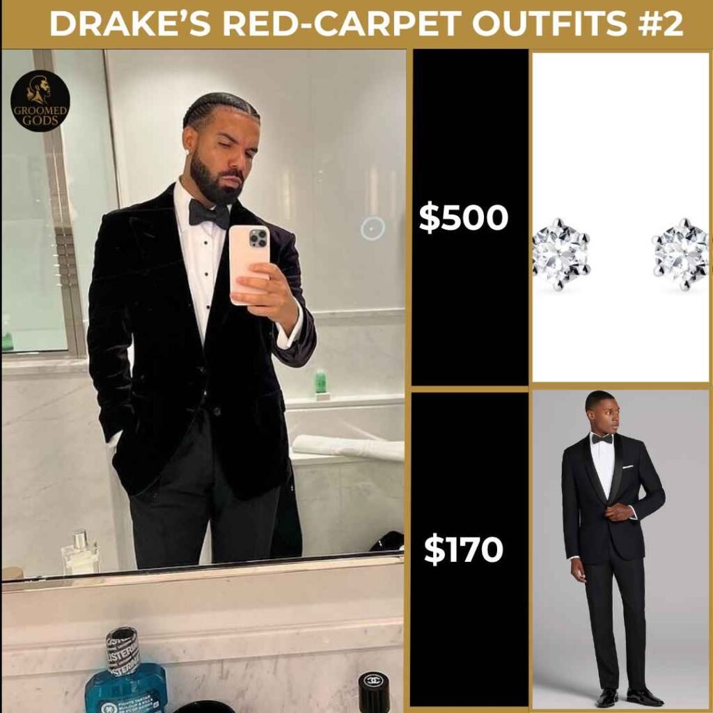Drake Red Carpet Outfit #2 – Black Velvet Tuxedo and Diamond Studs Drake wearing a black velvet tuxedo with diamond stud earrings and Calvin Klein suit on the red carpet