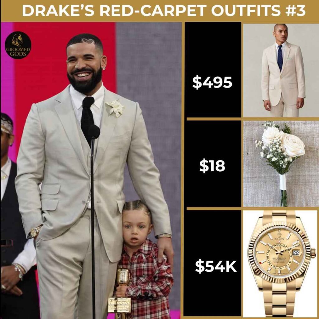 Drake Red-Carpet Outfit #3 – Tan Suit and Gold Rolex Drake wearing a tan suit with a white boutonnière and gold Rolex Sky-Dweller on the red carpet, outfit breakdown includes $495 suit, $18 boutonnière, and $54K Rolex.