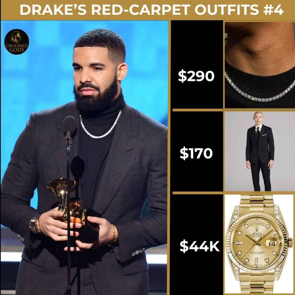 Drake Red-Carpet Outfit #4 – Black Tuxedo and Rolex Day-Date Drake wearing a black tuxedo with a diamond tennis necklace, black peak lapel tuxedo from Vera Wang, and a Rolex Day-Date gold watch at a red-carpet event.