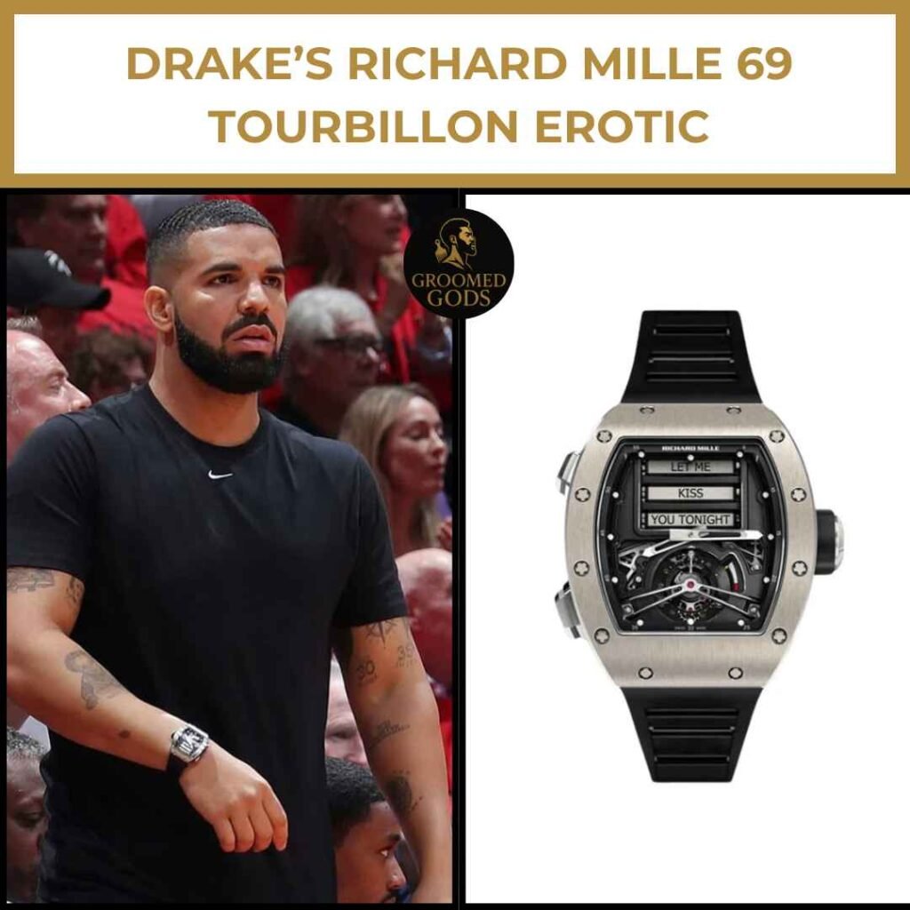 Drake’s Richard Mille 69 Tourbillon Erotic Watch Drake wearing the Richard Mille 69 Tourbillon Erotic watch courtside