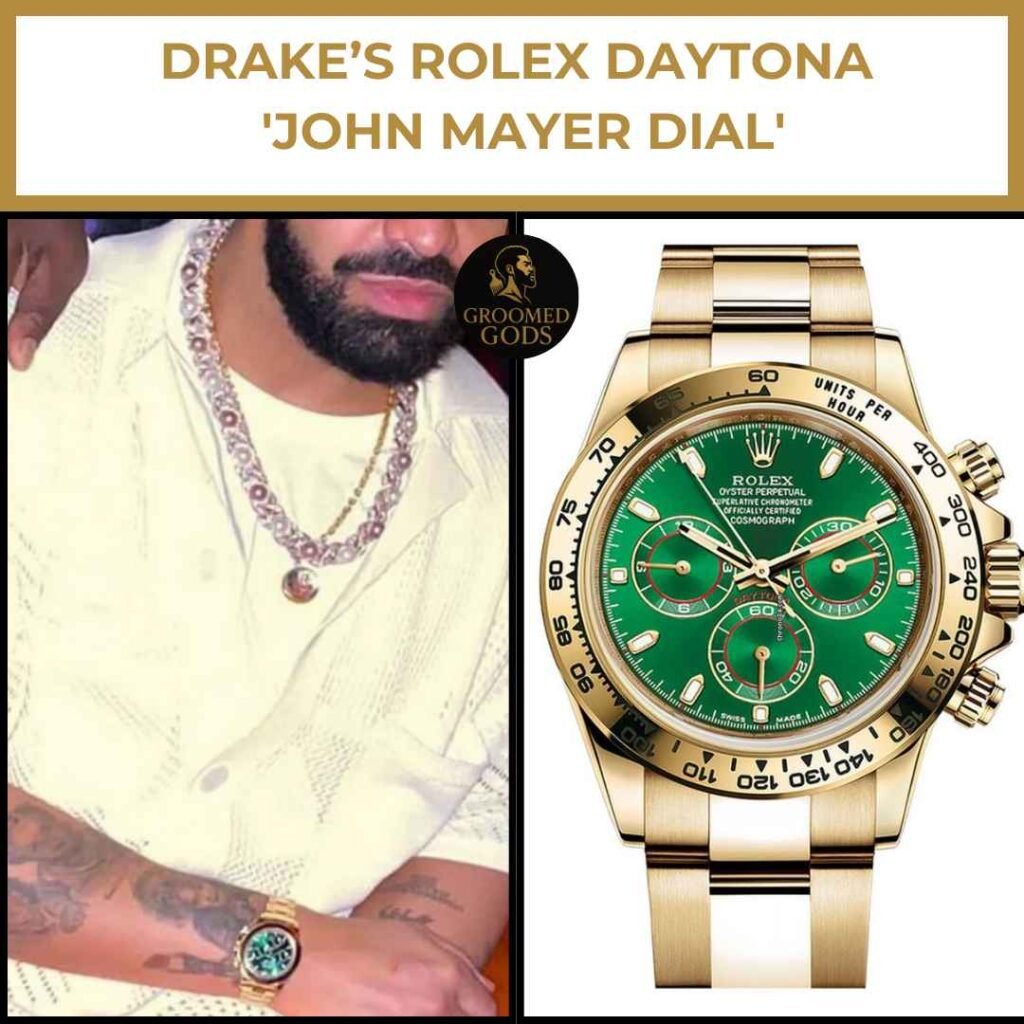 Drake Rolex Daytona John Mayer Dial Watch Drake wearing a Rolex Daytona John Mayer Dial watch with a green dial and gold bracelet.