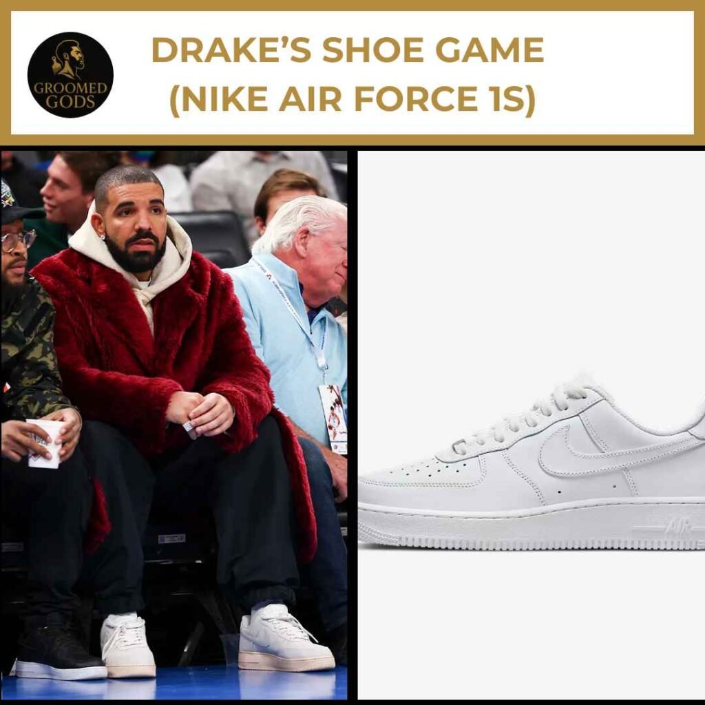 Drake’s Nike Air Force 1 Outfit Drake sitting courtside wearing a red fur coat and white Nike Air Force 1 sneakers, highlighting his casual shoe game.