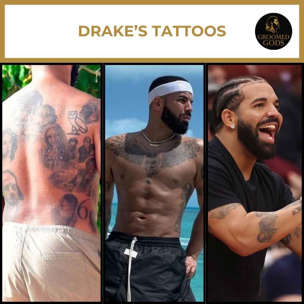 Drake’s Tattoos – Back, Chest, and Arm Ink Drake’s tattoos including portraits on his back, chest designs, and forearm ink