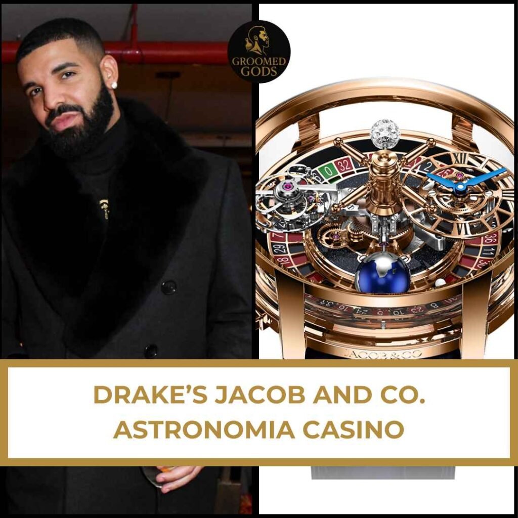 Drake Jacob and Co. Astronomia Casino Watch Drake wearing a black coat with his Jacob and Co. Astronomia Casino watch