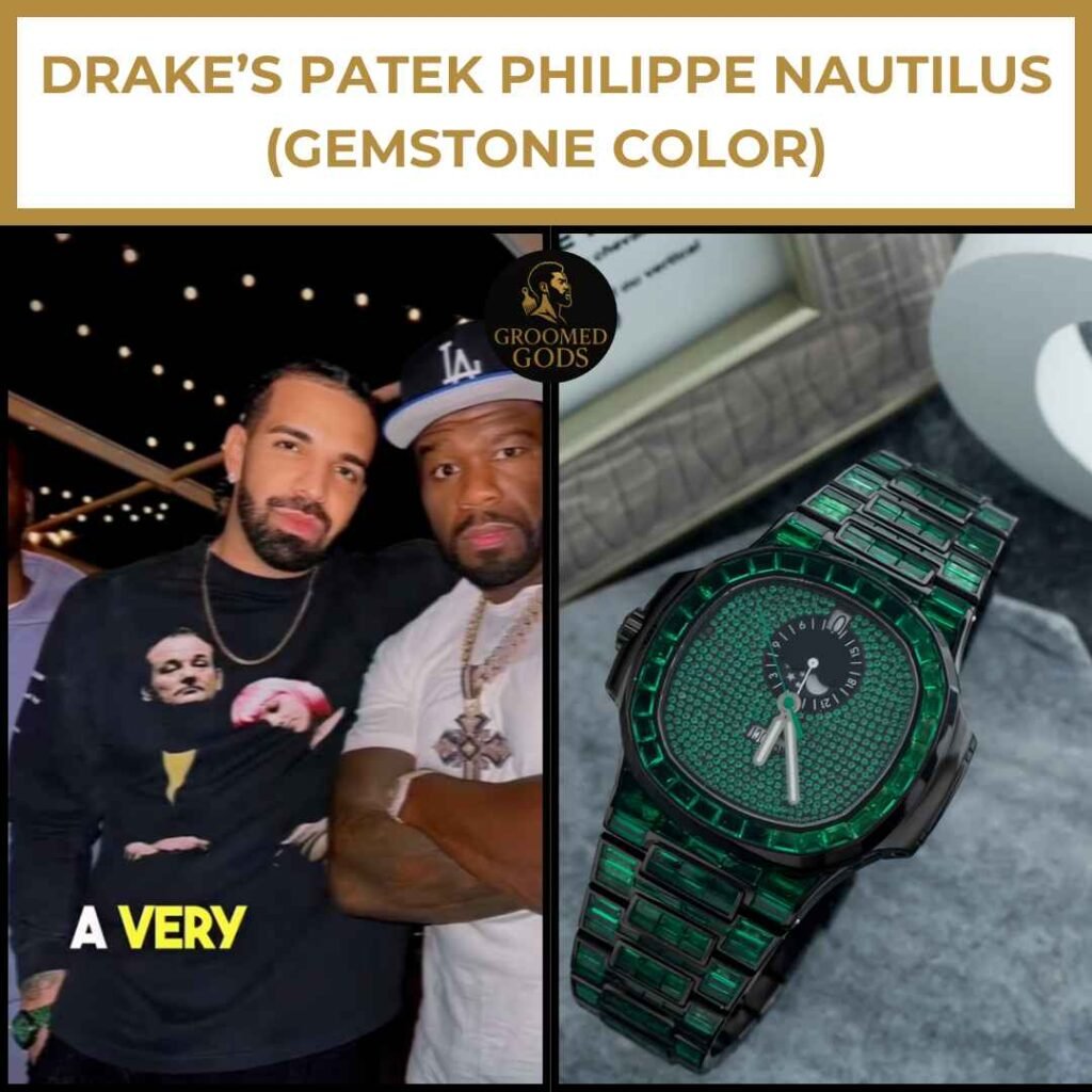Drake’s Patek Philippe Nautilus (Gemstone Color) Drake wearing a Patek Philippe Nautilus watch with colored gemstones, shown next to a close-up of the green gemstone dial.