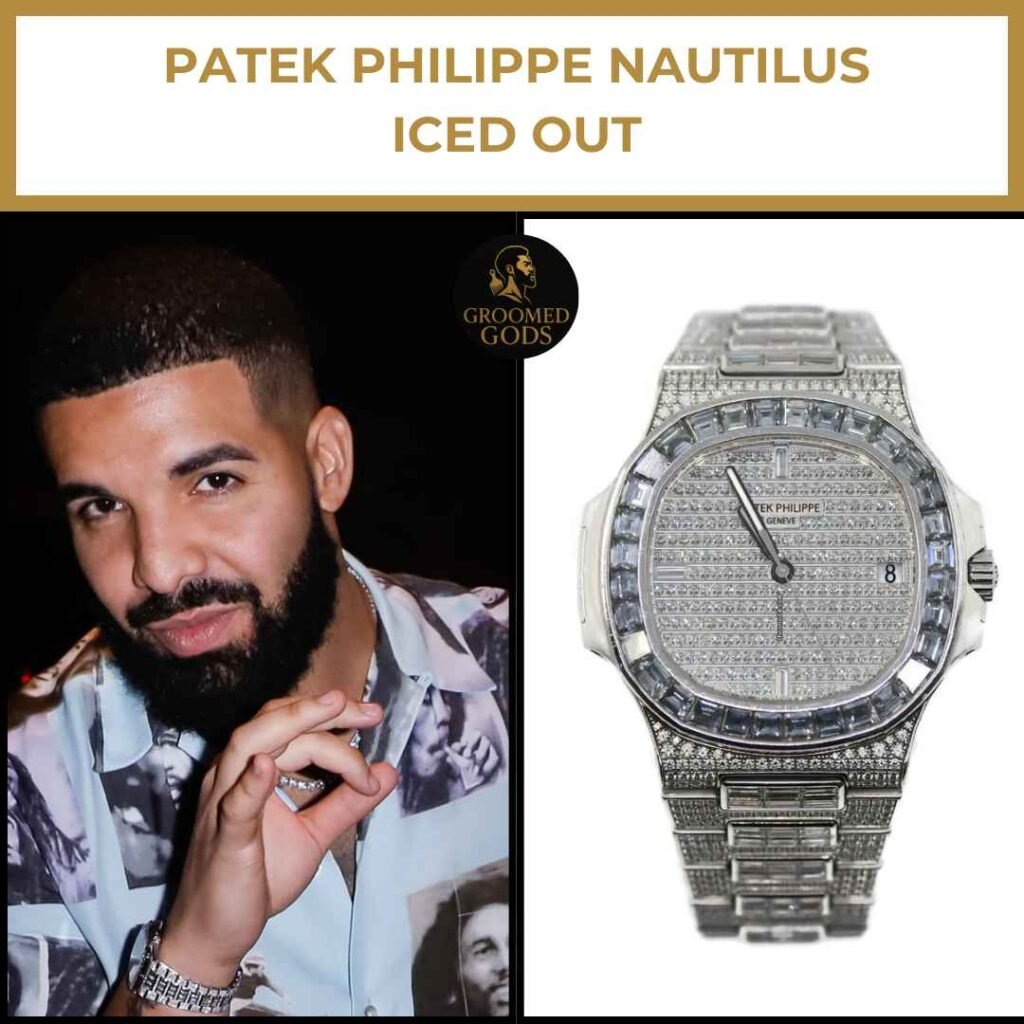 Drake Patek Philippe Nautilus Iced Out Watch Drake wearing a Patek Philippe Nautilus Iced Out watch, showcasing his luxury jewelry style.
