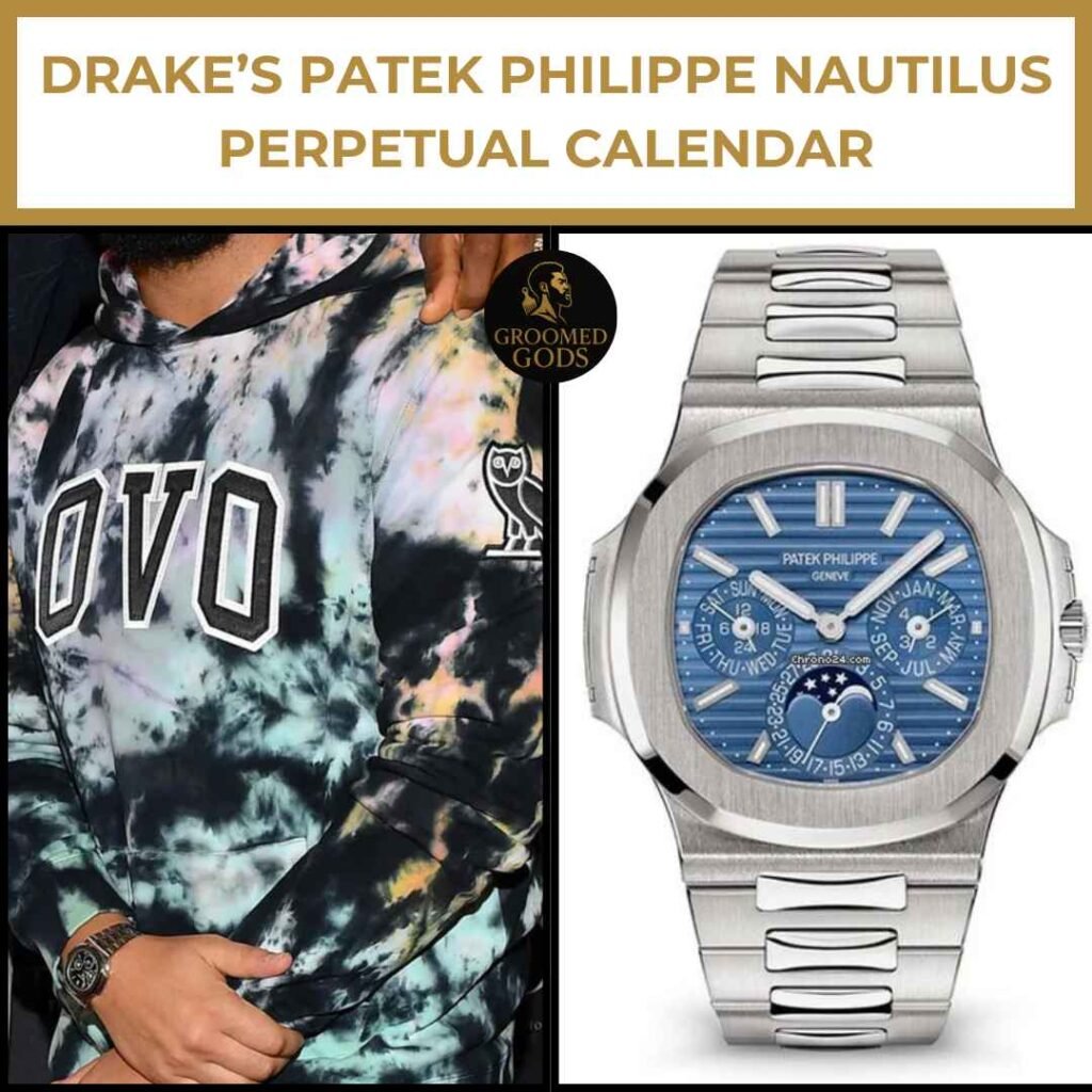 Drake Patek Philippe Nautilus Perpetual Calendar Watch Drake wearing a Patek Philippe Nautilus Perpetual Calendar watch with a blue dial, styled with an OVO hoodie.