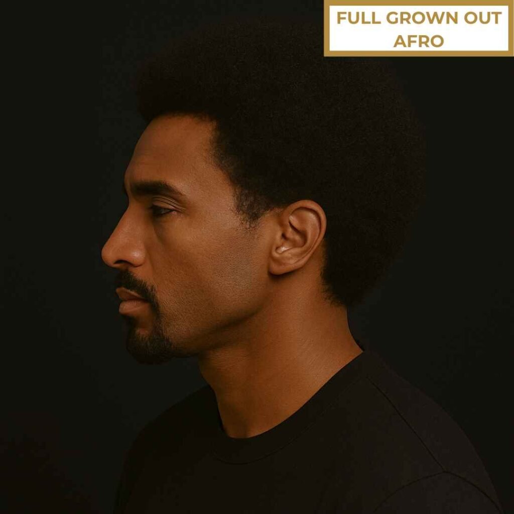 Full Grown Out Afro for Black Men with Receding Hairlines Side view of a Black man with a full grown-out afro hairstyle, suitable for men with receding hairlines.