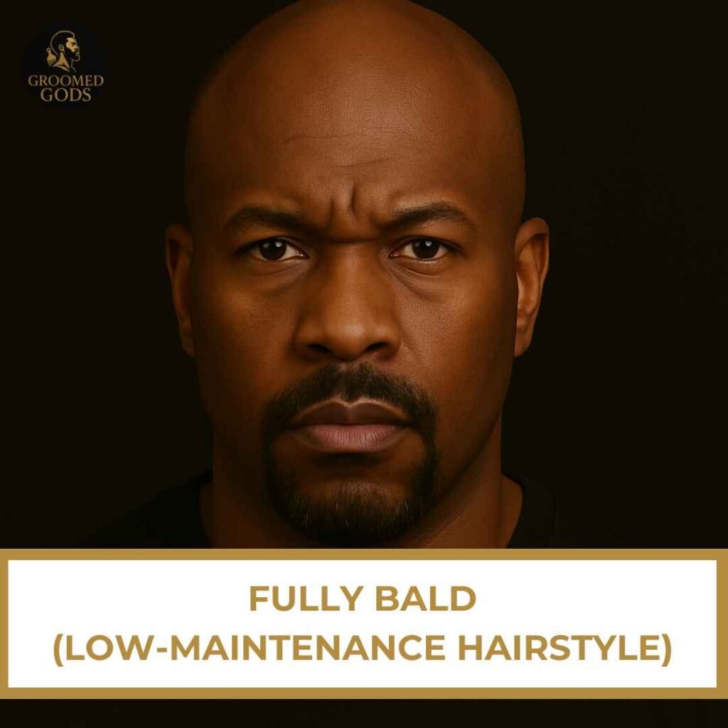 Close-up portrait of a bald Black man with a clean-shaven head, showcasing a fully bald low-maintenance hairstyle.