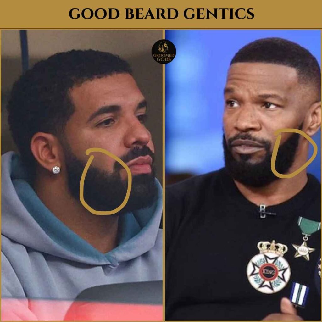 good-beard-genetics-drake-jamie-foxx Drake and Jamie Foxx showing examples of good beard genetics with connected, full beards.