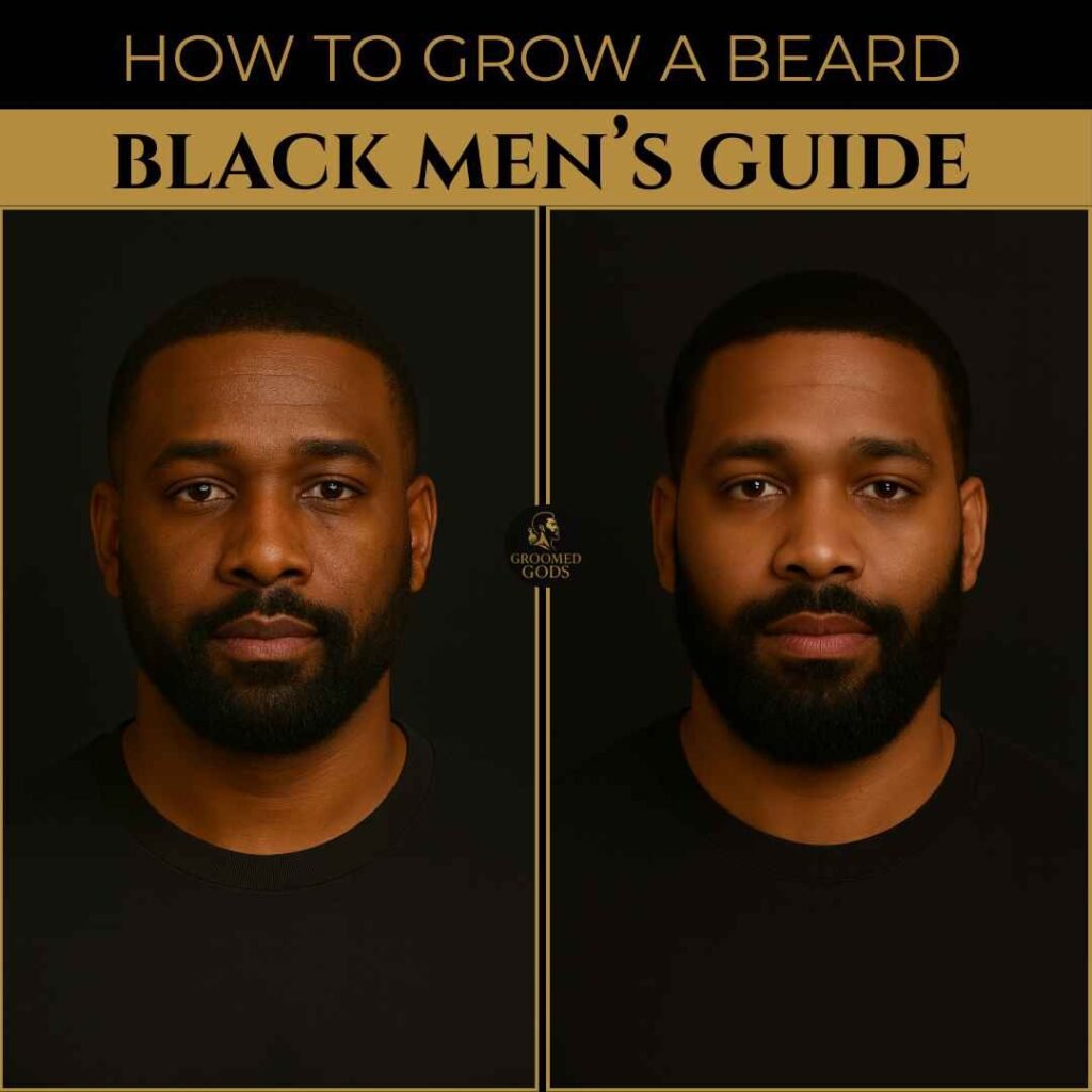 Side-by-side photo of a Black man with two different full beard styles, showing variations in density and shape.