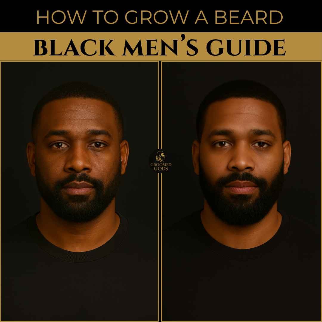 Side-by-side photo of a Black man with two different full beard styles, showing variations in density and shape.