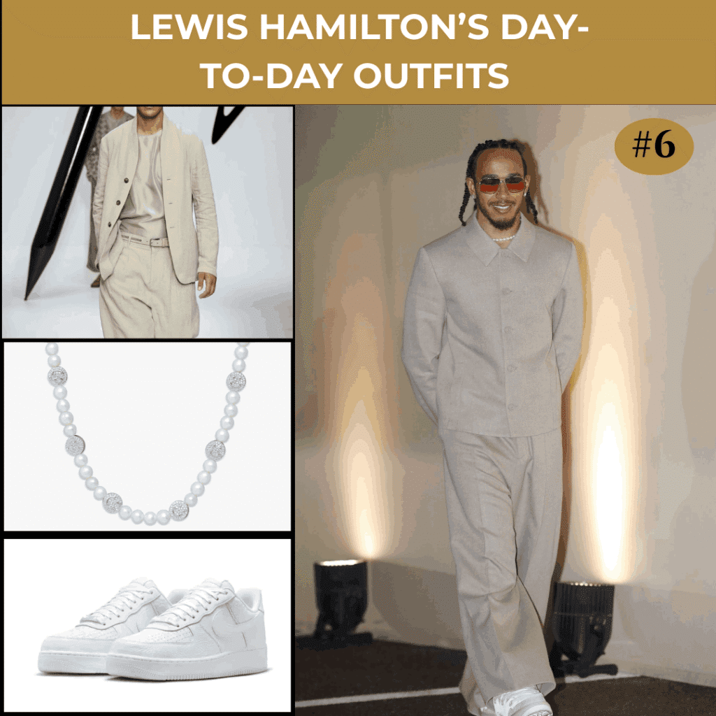 Lewis Hamilton’s Day-to-Day Outfit (Beige Suit Look) Lewis Hamilton wearing a beige suit with white sneakers, accessorized with a pearl necklace, shown alongside matching pieces including the suit, pearl chain, and white Nike Air Force 1s.