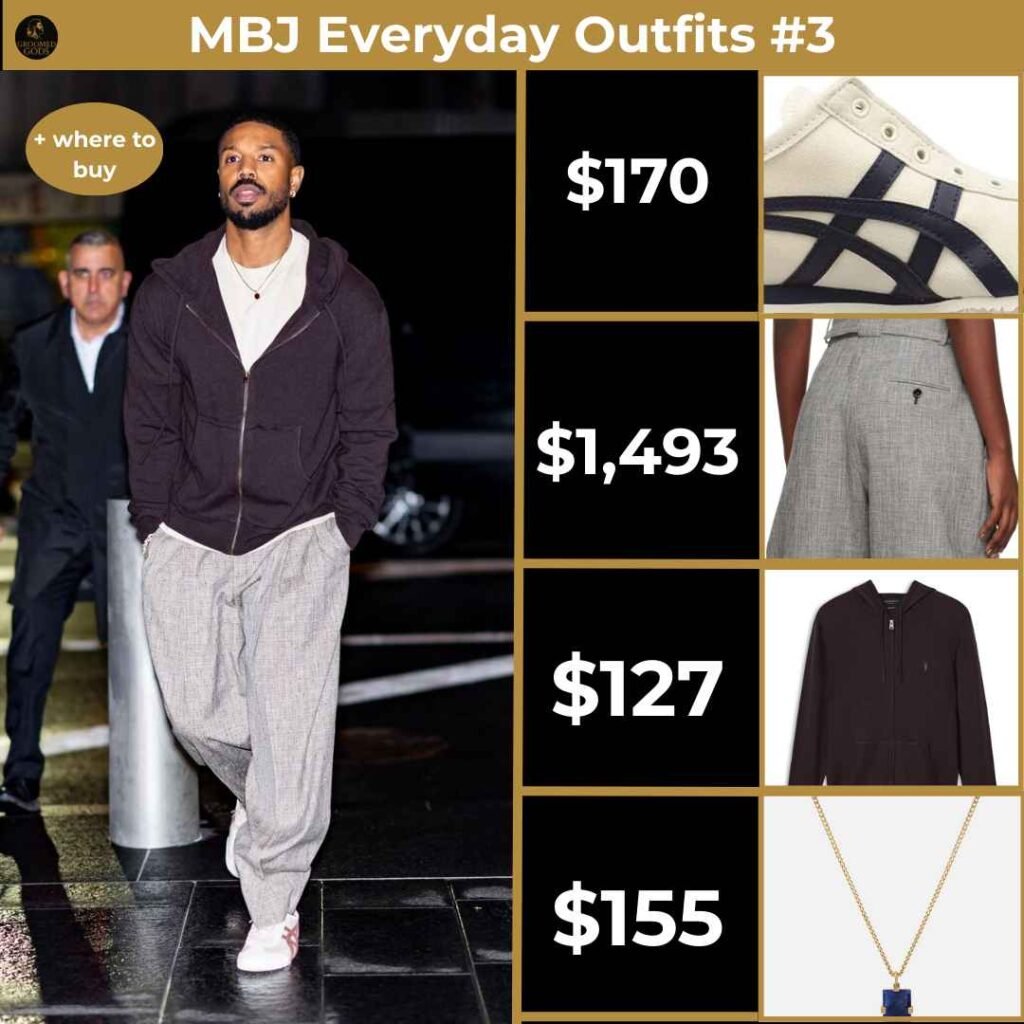 MBJ Everyday Outfits 3 Michael B. Jordan everyday outfit featuring Onitsuka Tiger sneakers, Lanvin gray barrel trousers, ALLSAINTS merino wool hoodie, and Miansai sodalite necklace.