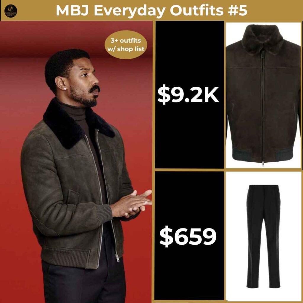 MBJ Everyday Outfit Breakdown – Brown Jacket and Black Pants Michael B. Jordan wearing a brown shearling collar jacket with slim black pants, styled as a sharp everyday outfit.