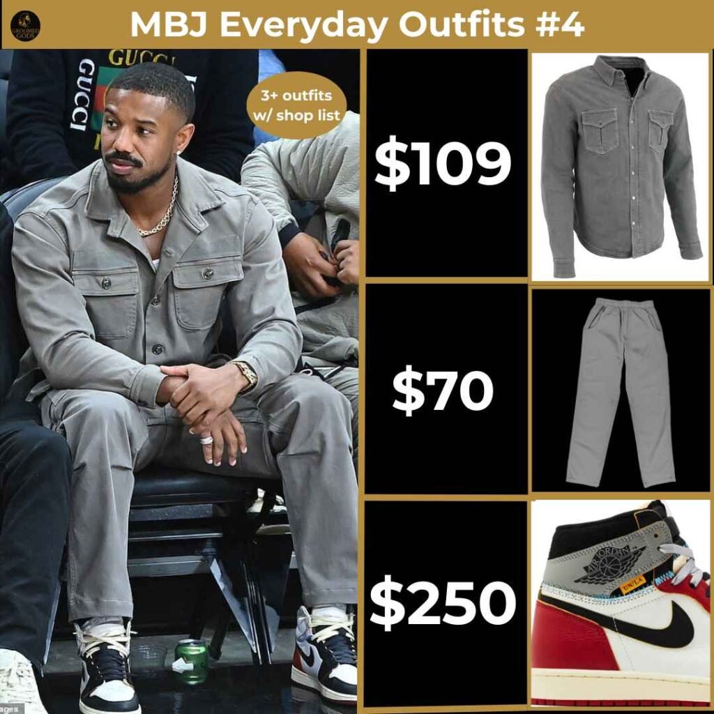 MBJ Everyday Outfit Breakdown – Grey Set with Sneakers Michael B. Jordan wearing a grey button-up shirt, matching grey pants, and multicolor Nike sneakers, styled as a casual everyday look.
