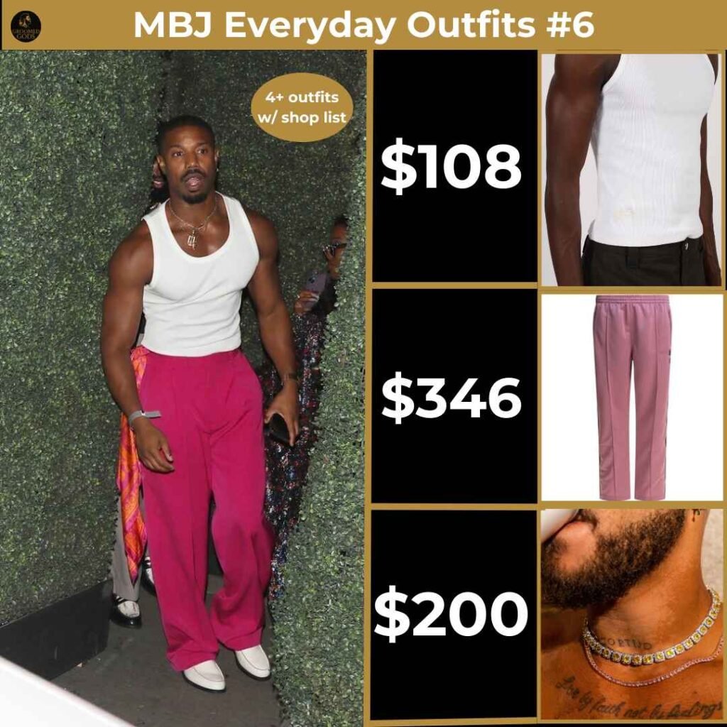 Michael B. Jordan wearing a white tank top, magenta pants, and white sneakers with price callouts: $108 for tank, $346 for pants, $200 for accessories.