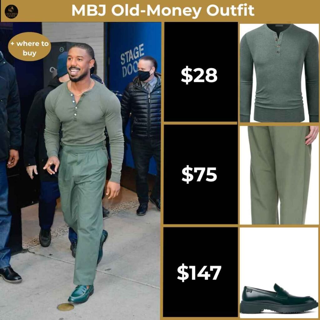 MBJ Old Money Outfit Michael B. Jordan wearing an old-money inspired outfit with a green henley shirt, khaki trousers, and dark loafers.
