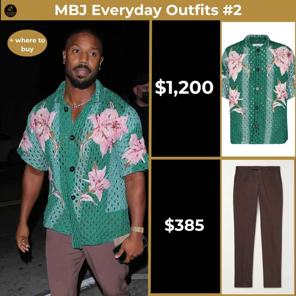Michael B. Jordan Everyday Outfit with Valentino Shirt and Incotex Trousers Michael B. Jordan wearing a green Valentino floral crochet shirt with brown Incotex trousers, styled as part of his everyday outfits.