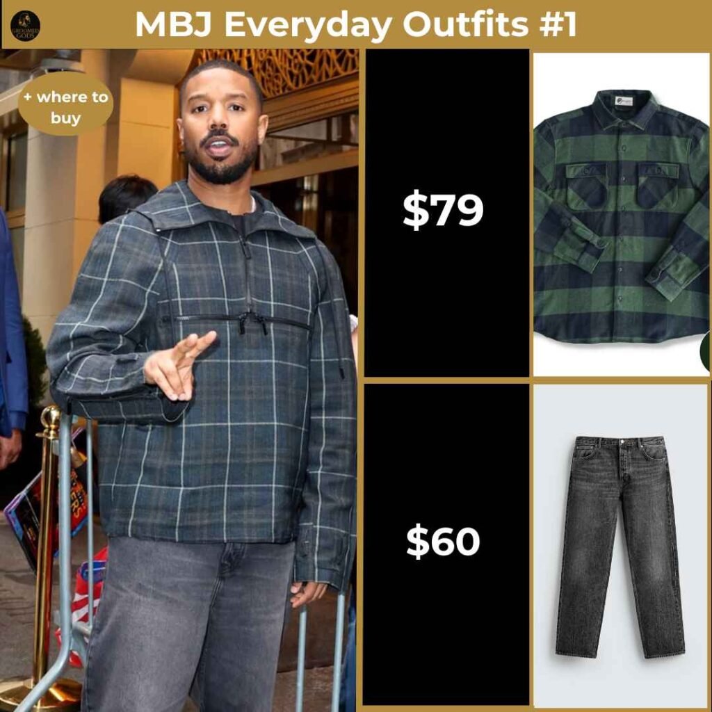 MBJ Everyday Outfits #1 Michael B. Jordan in a navy plaid MuskOx flannel with gray straight-fit jeans, styled as part of his casual everyday look.