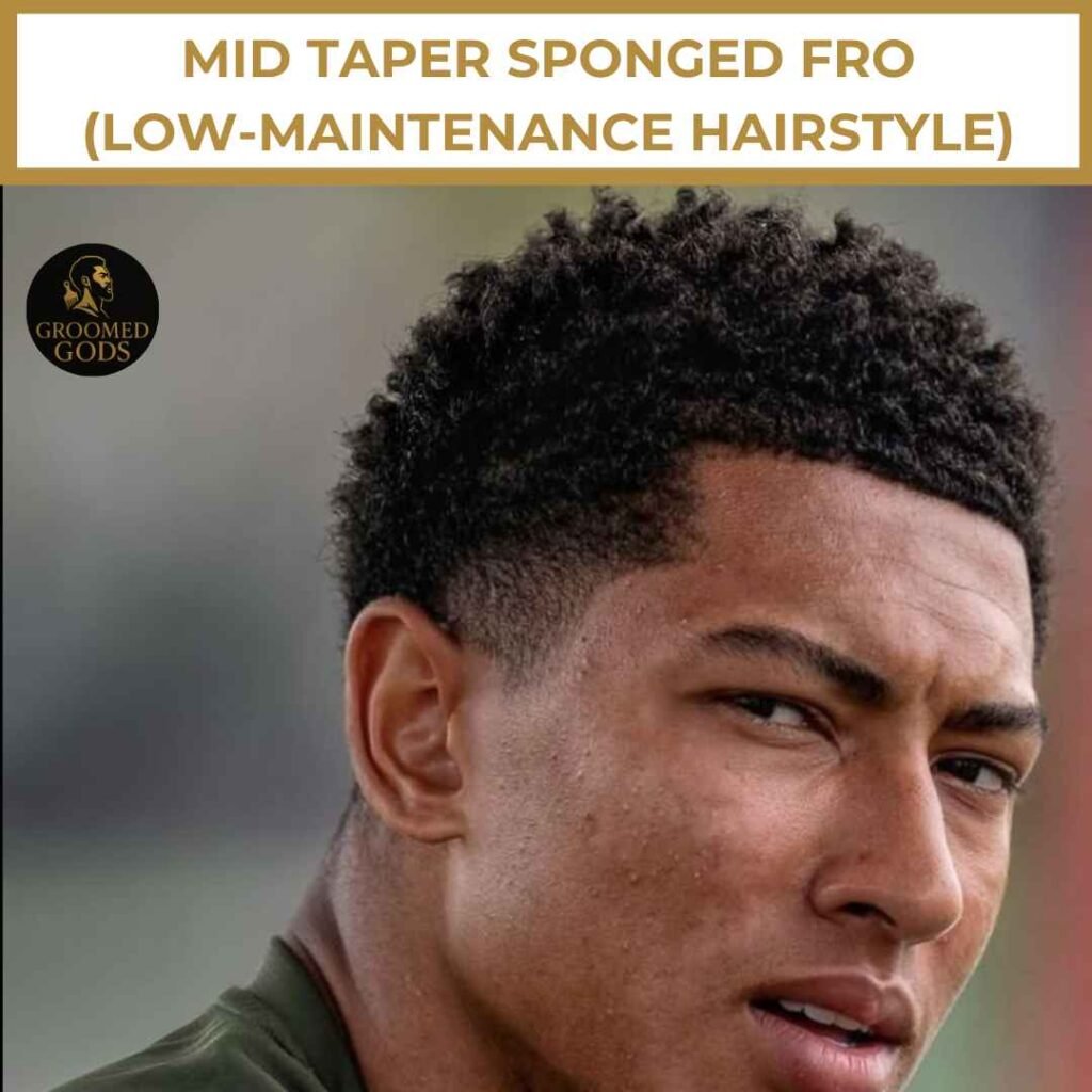 Black man with a mid taper sponged fro looking to the side with a confident expression.