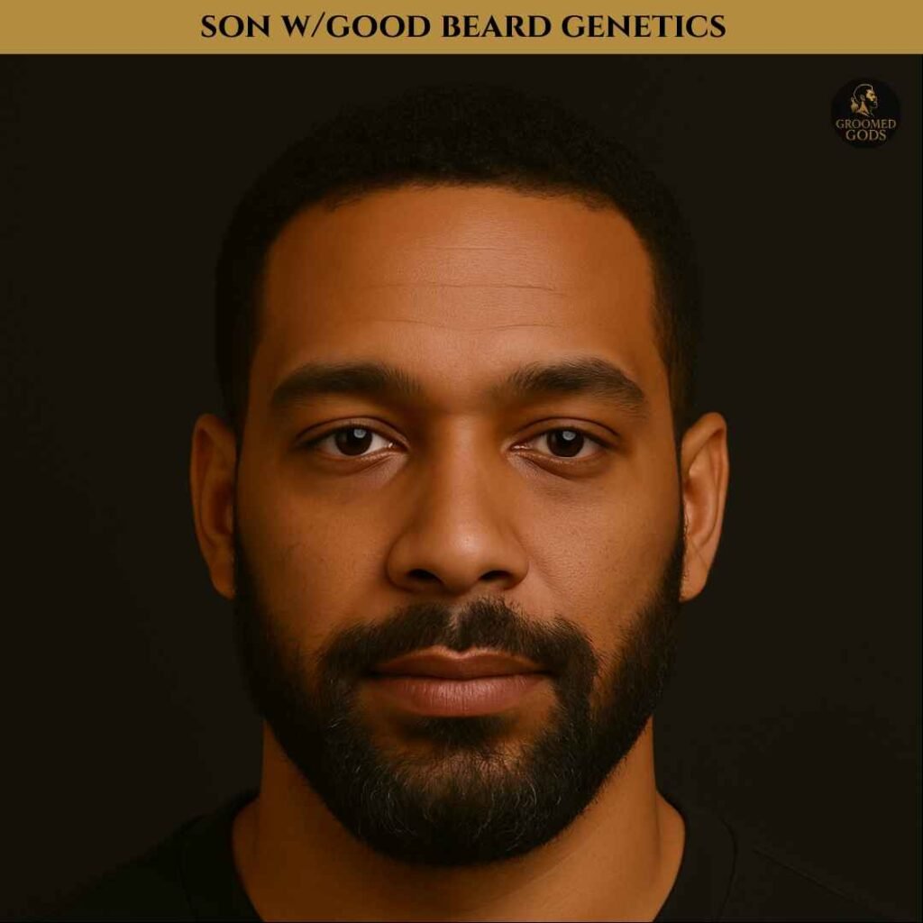 Son with Good Beard Genetics – Black Men’s Beard Growth Black man with strong beard genetics, labeled as son, showing full and even beard growth.