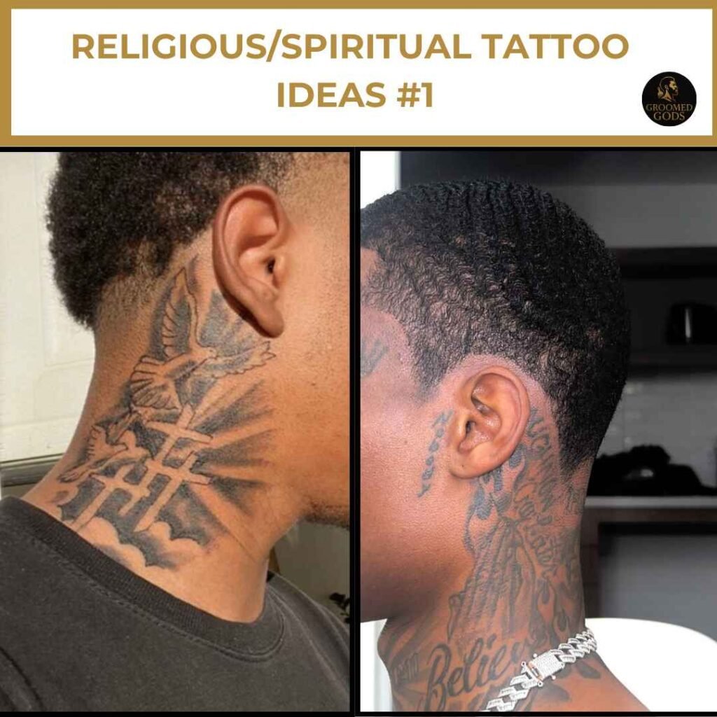 Religious and Spiritual Neck Tattoo Ideas for Black Men – Cross and Script Designs Religious and spiritual neck tattoos for Black men – cross tattoo and ‘Believe’ script side-neck design