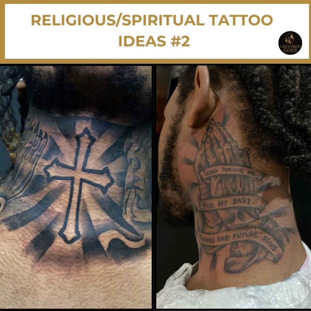 Religious and Spiritual Neck Tattoo Ideas for Black Men #2 Close-up of Black men with religious neck tattoos — one featuring a large cross with rays, and the other with prayer hands and scripture wrapping around the neck.
