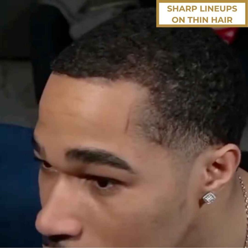 Sharp Lineup Haircut for Men with Receding Hairline (Side View) Man with thin hair and sharp lineup haircut for receding hairline, side view”