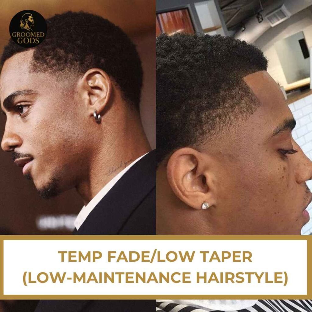 Two Black men with temp fades and low tapers, side profiles showing edge-up and taper details.