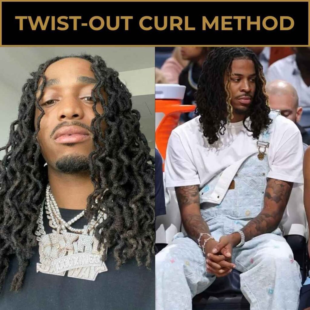 Twist-out curl method on Black men with medium-length hair, showcasing defined curls and natural texture.
