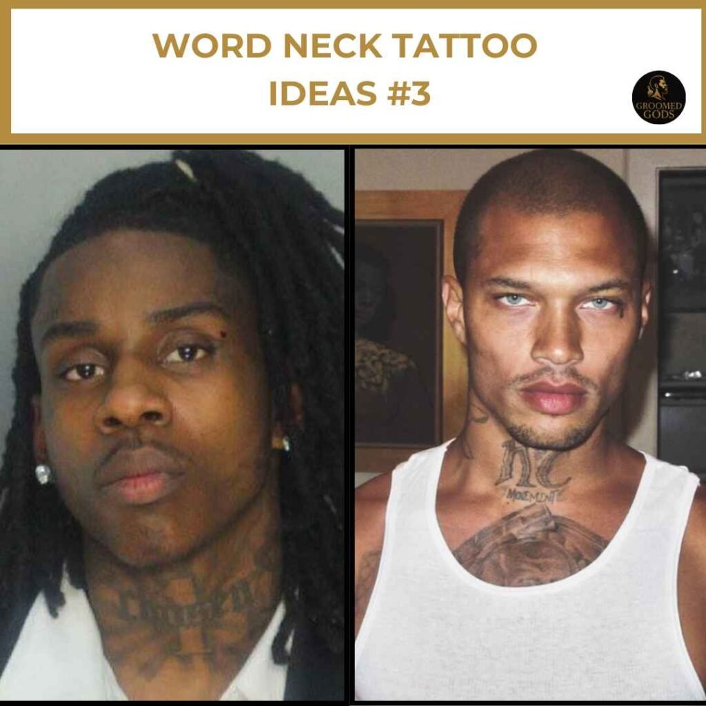 Word Neck Tattoo Ideas #3 (Polo G & Jeremy Meeks Inspired) Side-by-side image showing Polo G with a “Chosen” neck tattoo and Jeremy Meeks with a “Movement” tattoo, representing bold word-based neck tattoo ideas for Black men.