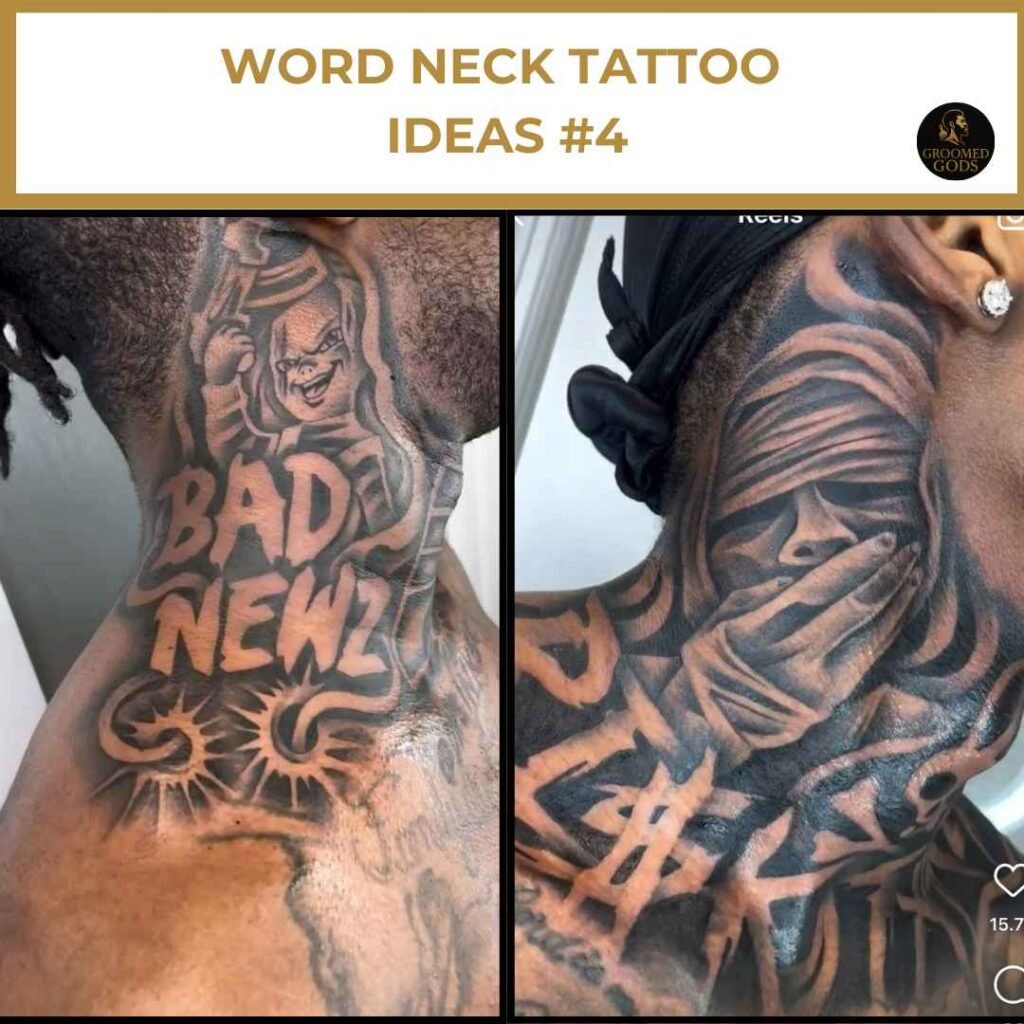 Word Neck Tattoo Ideas #4 – Bad Newz & Ghost-Inspired Designs Close-up of two word-based neck tattoos on Black men — one reads “Bad Newz” with a devilish figure, the other shows a ghostly design with dollar signs and bold script.