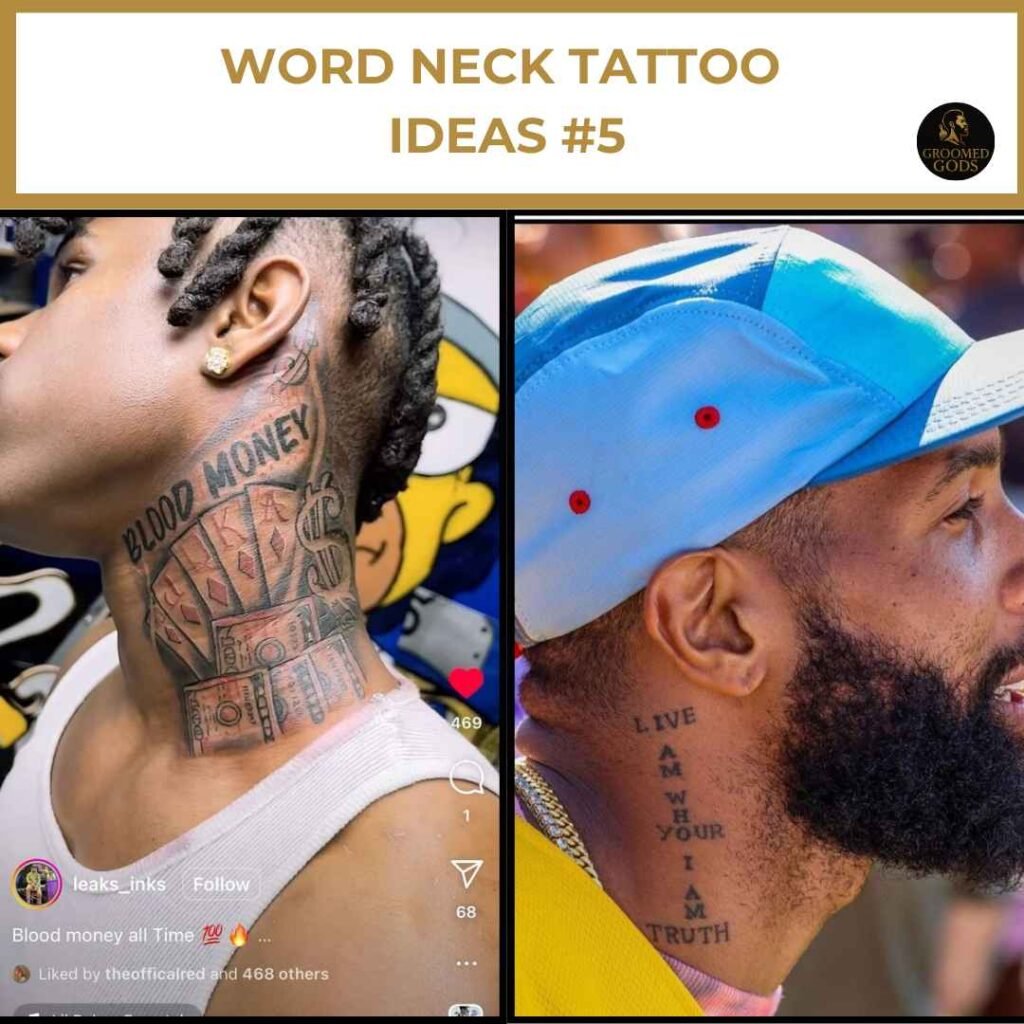 Blood Money & Script Word Neck Tattoos for Black Men Close-up of two Black men with neck tattoos — one with a bold “Blood Money” tattoo in block letters, and the other with script lettering reading “Live Am Your Truth” on the side of his neck.
