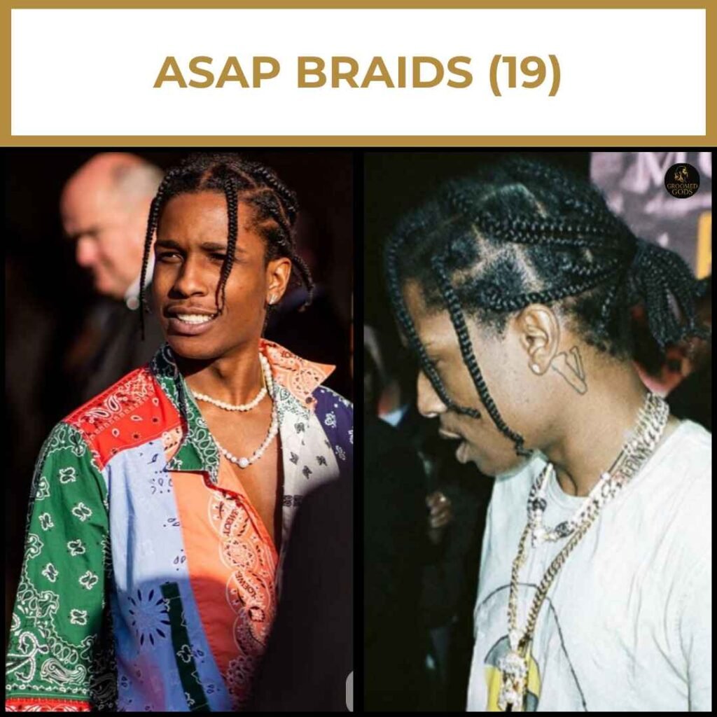 A$AP Rocky Braids Style Inspiration Side-by-side images of A$AP Rocky showing his signature box braids hairstyle, a popular braided look among Black men known for clean parting and stylish pattern.